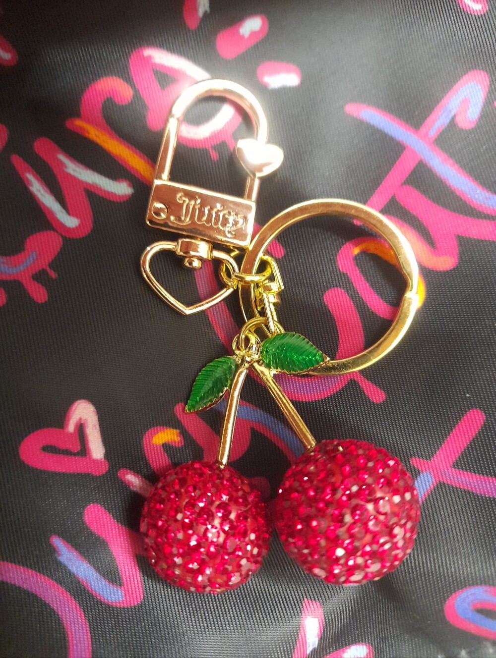 Juicy Couture Gold-Tone Red Crystal Cherry Keychain Bag Charm